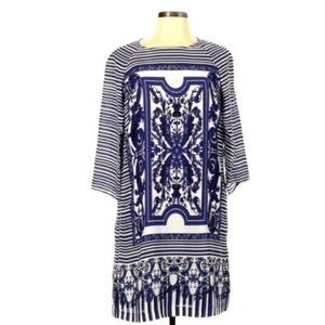 Muse Blue White Print Dress 8 Midi Shift